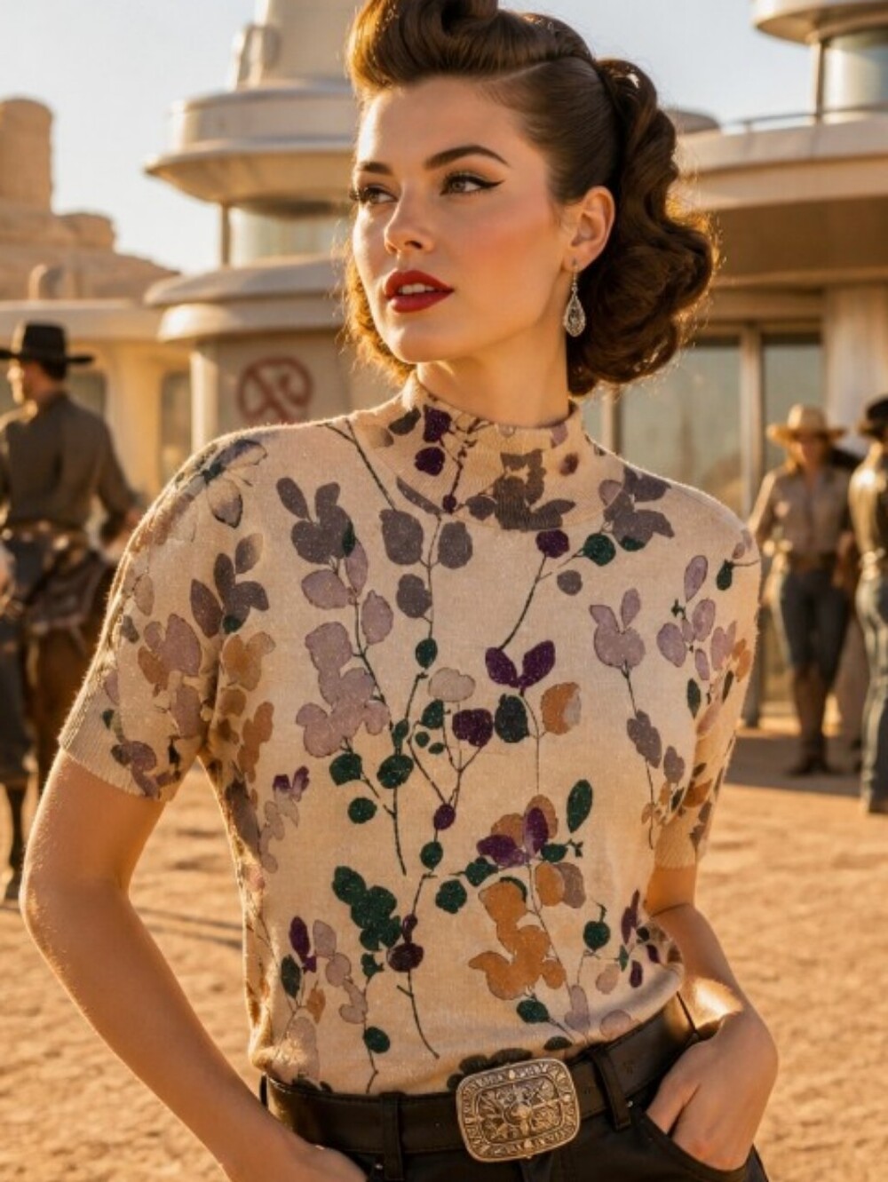 Chico's Beige Knit Top with Purple, Green and Black Floral Motif
